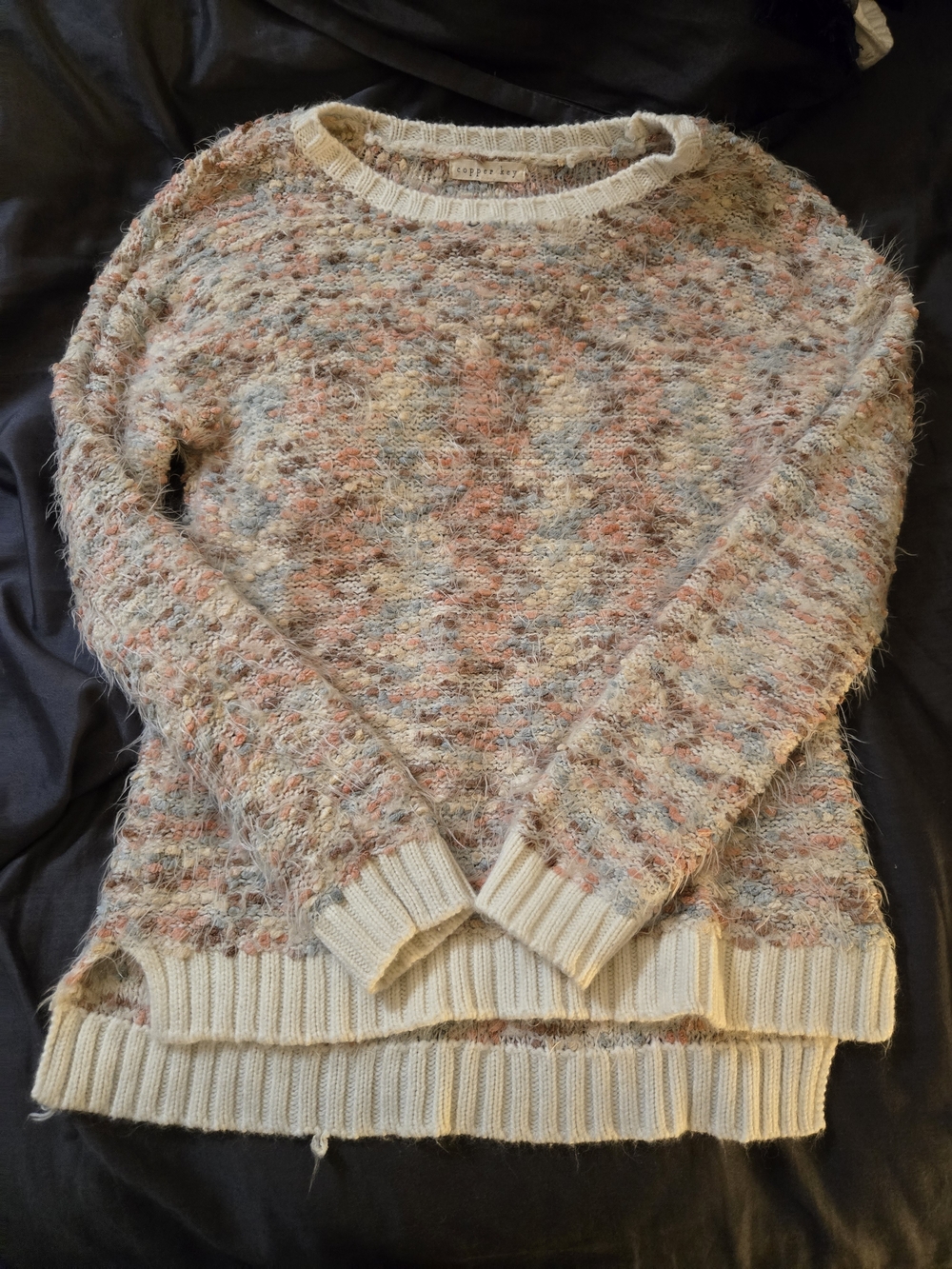 Copper Key Multicolor Fuzzy Crewneck Sweater - Cream, Pink, Blue